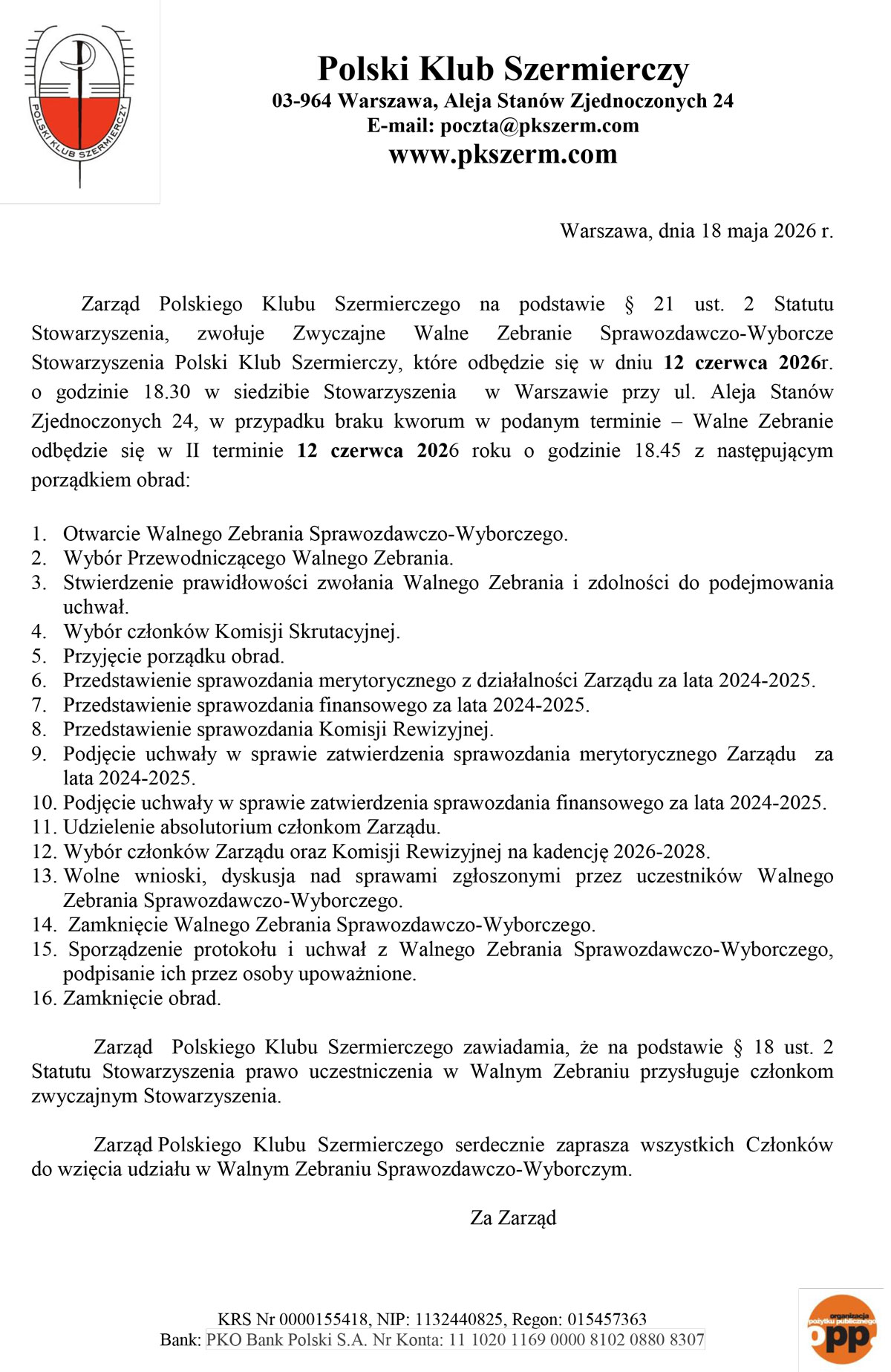 Ogłoszenie - Walne Zebranie PKSzerm